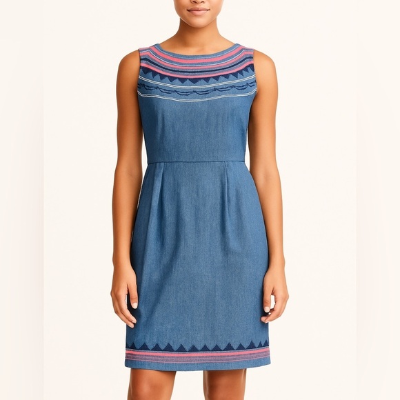 J Crew Factory Embroidered Cotton Chambray Mini Sheath Dress Sz 8 - Picture 1 of 11